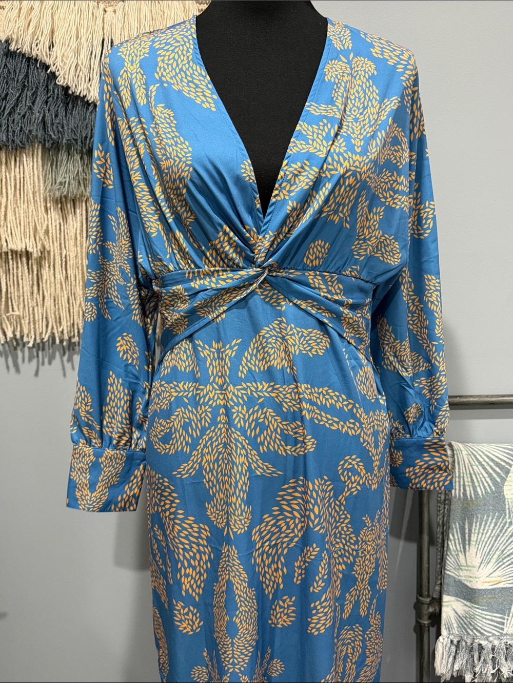 Blue Golden Yellow Twist Front Maxi Dress Boho Resort Vacation Long Sleeve NWT - Picture 3 of 9